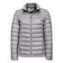 A light grey women's puffer jacket with a zip front and a high collar. It features a logo on the chest.