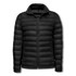 A black women's puffer jacket with a zip front and quilted design. Features a collar and has a logo.