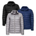 Three women's puffer jackets in black, grey, and navy blue, featuring a zip front and a logo on the chest.