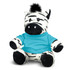 A zebra plush toy with black and white stripes, wearing a turquoise shirt and featuring a small tuft of fur.