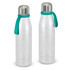 A drink bottle with a transparent body, stainless steel cap, and turquoise silicone strap. It features a logo.
