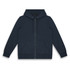 A navy unisex hoodie with a zip front, drawstring hood, and front pockets. Features a logo on the fabric.