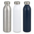 A drink bottle trio featuring stainless steel, matte white, and navy blue finishes, all with metallic caps.