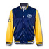 A navy and yellow custom varsity jacket featuring a logo on the front and stripes on the cuffs and collar.