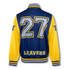 A navy and yellow varsity jacket featuring a large number 27 and the word "LEAVERS" on the back, with a logo displayed.