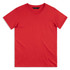 A red men's T-shirt featuring a round neckline and short sleeves. The shirt has a logo on the label.