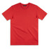 A red T-shirt featuring a round neckline and short sleeves, with a logo on the tag.