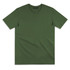 A plain olive green T-shirt with a crew neckline and short sleeves. It features a branding logo on the neck.