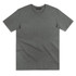A grey t-shirt featuring a round neckline and short sleeves, with a logo in the neckline area.