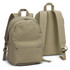 A canvas backpack in a muted green shade, featuring a front pocket and padded shoulder straps. It has a logo present.