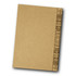 A brown notebook with a decorative patterned spine. It features a simple and minimalist design.