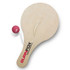 A wooden paddle ball game in natural wood colour with a red ball and string, featuring a logo on the handle.
