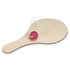A wooden paddle with a red ball attached by a white string, featuring a smooth finish.