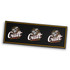 A large black PVC bar runner featuring three logos with a craft beer theme, accented with gold details.
