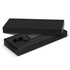 A black gift box containing a black key ring and a rectangular tag. The box is sleek and presents an elegant design.