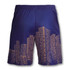 Navy blue women's basketball shorts featuring a city skyline design in gold. Includes branding on the side.