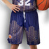 Custom men's basketball shorts featuring a navy design with a city skyline pattern and a logo.