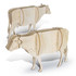 Two intricately cut wooden cow models in a natural wood colour, showcasing a three-dimensional design.