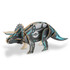 A triceratops wooden model in black and blue, featuring exposed mechanical details and a logo.