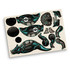 A wooden model kit featuring black and turquoise pieces to assemble a triceratops design, with a branded logo.