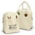 A cream lunch bag with a logo, featuring two handles and faux leather accents.