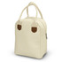 A cream-coloured lunch bag with brown leather accents and dual handles. It features a zippered top and a side pocket.
