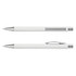 A white plastic pen with a silver clip and trim. The pen features a sleek, soft-touch design and a logo.