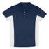 A navy blue and white men's polo shirt featuring a collar and buttons, with a logo on the chest.