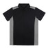 A black polo shirt with grey side panels and a collar, featuring a logo on the chest.