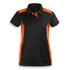 A women's polo shirt featuring black and orange panels, with a collar and three-button placket. It has a logo.
