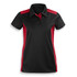 A women's polo shirt in black with red accents, featuring a collar and buttons, and a logo on the front.