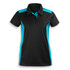 A black and turquoise women's polo shirt with short sleeves and a collar, featuring a logo.