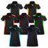 A collection of seven women's polo shirts in black, featuring various coloured accents, each with a logo.