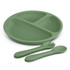 A green kids' plate set featuring a divided plate with two utensils, a fork and a spoon, all in matching colour.