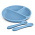 A light blue kids plate set featuring a divided plate and matching fork and spoon, all in a soft, durable material.