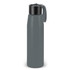 A drink bottle in a matte grey colour with a black lid and a handle. It features a logo.