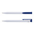 A recycled plastic pen in white with blue accents, featuring a logo on the side.