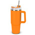 An orange drink bottle with a stainless steel lid and a straw, featuring a handle and a logo.
