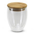 A drink bottle featuring a clear glass body with a bamboo lid, suitable for various beverages.