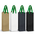 Four paper bags in gold, white, black, and dark grey, each with green ribbon handles. Each bag has a logo.