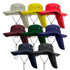 A selection of Legionnaire wide brim hats in grey, yellow, red, green, burgundy, navy, and black, featuring a logo.