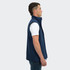 A navy vest for men featuring a high collar and a side zip, displayed on a model in profile.