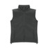 A dark grey women's vest with a high collar and two zippered side pockets. It features a logo on the design.