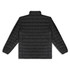 A black puffer jacket with a quilted design and a high collar, featuring a logo on the back.