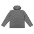 A grey puffer jacket with a hood, featuring a chevron design on the back and long sleeves.