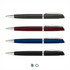 Four metal pens in black, burgundy, blue, and silver, featuring a sleek design and a branding logo.
