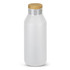 A drink bottle with a frosted white body and a wooden lid, featuring a sleek, modern design and a logo.