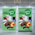 Two luxury pull-up banners in green featuring food imagery and a logo, set in a spacious indoor event space.