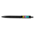 A black geometric ballpoint pen featuring a multicoloured logo. The pen has a textured grip and a retractable tip.