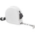 A white 5 metre measuring tape with a retractable feature and a black strap for easy carrying.